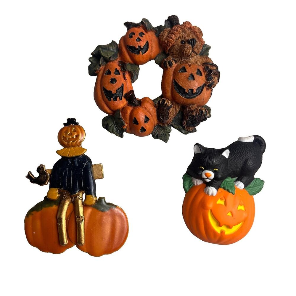Halloween Brooch Pin Lot Pumpkin Black Cat Scarecrow Vintage Holiday Jewelry
